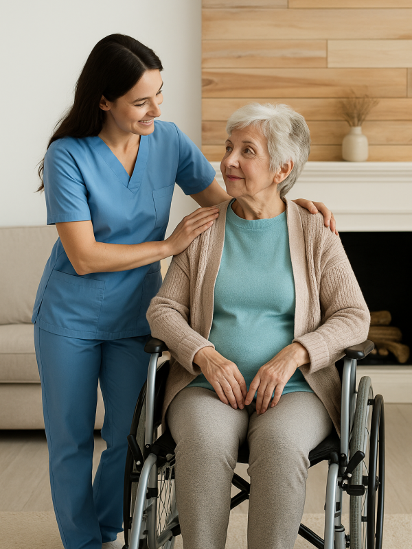 Eine jüngere Pflegekraft mit dunklen Haaren hilft einer älteren Frau im Rollstuhl in einem gemütlichen Wohnzimmer.